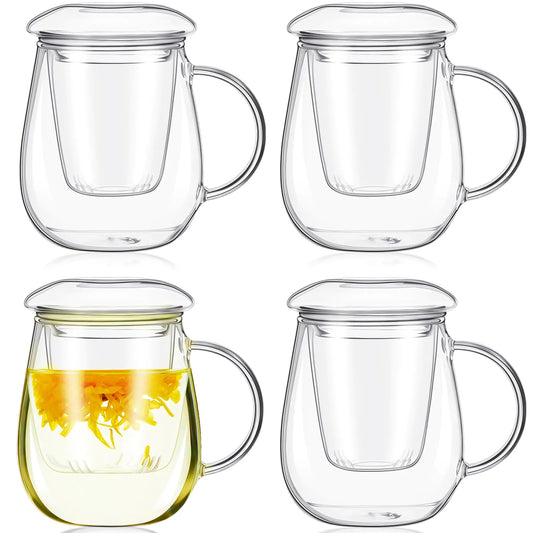 Tioncy 4 Set Glass Tea Cup with Infuser and Lid 16.9 oz Clear Glass Mug with Strainer and Lid Simple Filtration Glass Tea Mug for Tea Brewing Blooming Bag Loose Leaf Tea