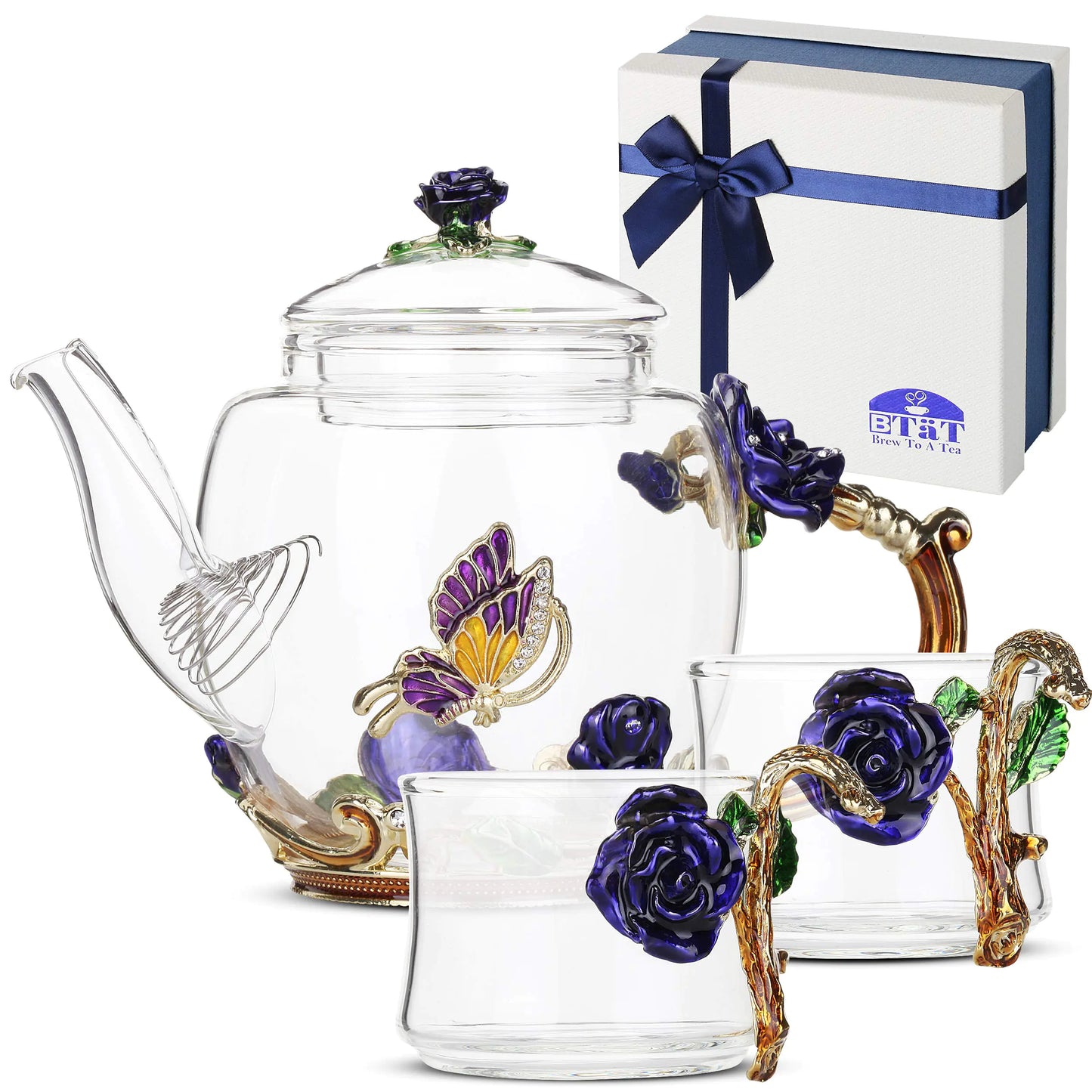 BTaT- Floral Glass Tea Set 2 Fancy Cups 2 oz Tea Pot Glass 13 oz Tea Pot Glass Teapot Small Glass Tea Set for Adults Glass Tea Kettle Set Glass Tea Cup Pretty Tea Cup Valentines Gift